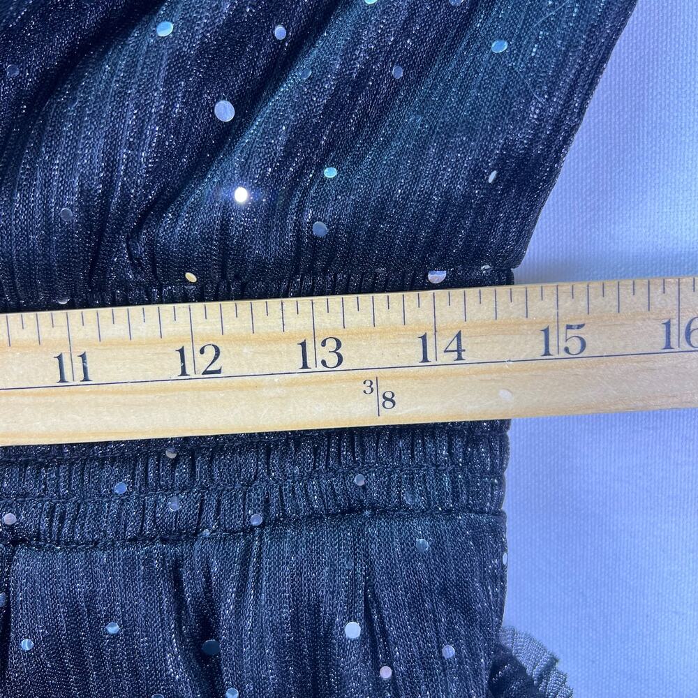 Vince Camuto Metallic Chiffon Mini Dress L Black Sheer Sleeve Tiered Sparkle - Picture 14 of 16